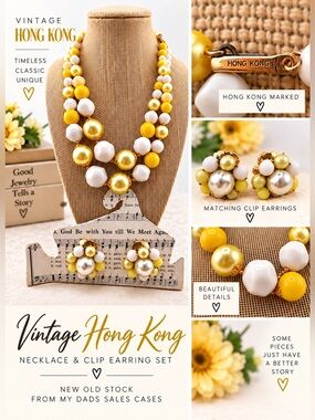 Vintage Hong Kong Beaded Necklace & Matching Clip Earrings - New Old Stock